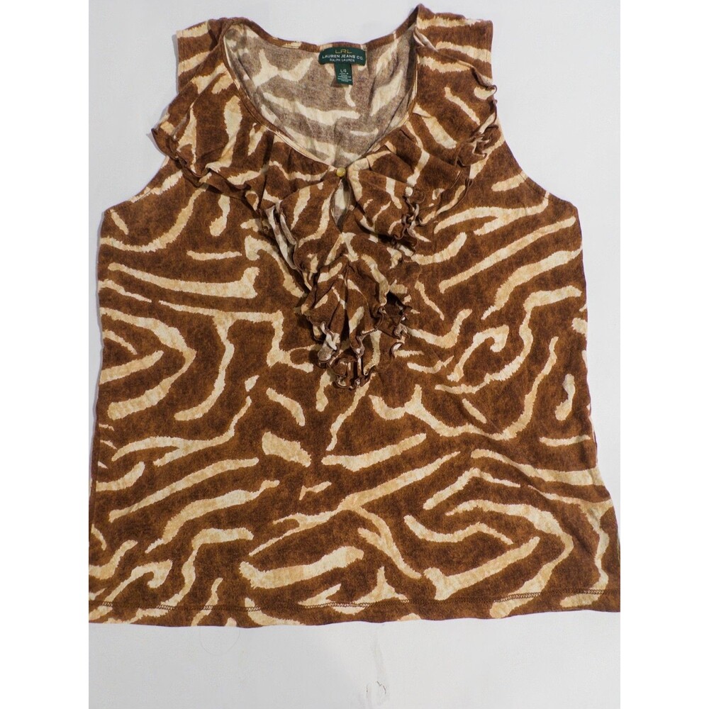 LRL Lauren Jeans Co Ralph Lauren Animal Print Ruffle Tank Top Brown Cream Size L